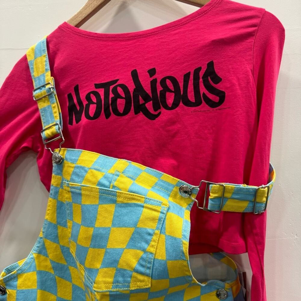 Checkered Denim overall Dress Medium. Hot Pink Notorious Crop Long sleeve